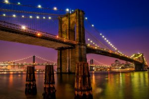The Brooklyn bridge at night.